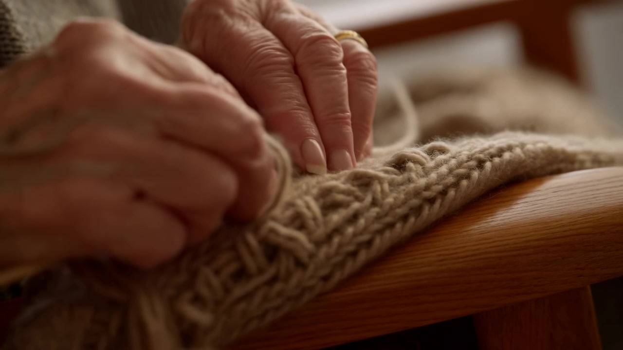 Low-angle close-to-mid motion scene of mature hands gently pinching and guiding loose yarn on chunky cable-knit wool blanket draped over polished wooden chair