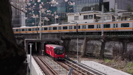 Train-lines-crossing-in-Tokyo,-Spring-Japan-City-Scene-4k