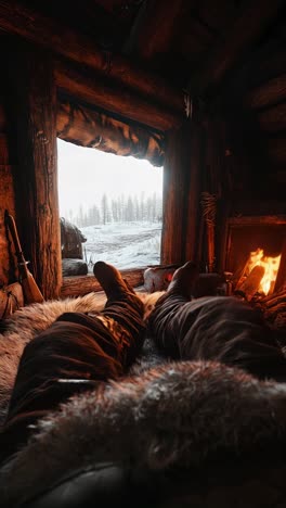 resting in a winter cabin by the fire