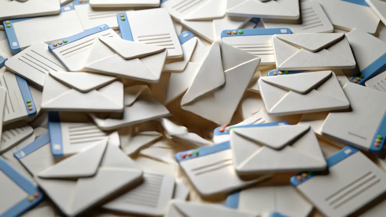 Sliding envelopes and email tiles shifting with camera move, revealing Inbox Zero on white backdrop