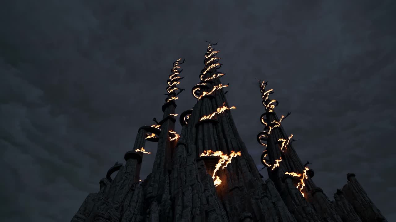Dramatic Castle Under Lightning Storm with Fire