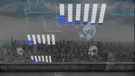 Animation-Der-Datenverarbeitung-Vor-Dem-Hintergrund-Einer-Luftaufnahme-Des-Stadtbildes