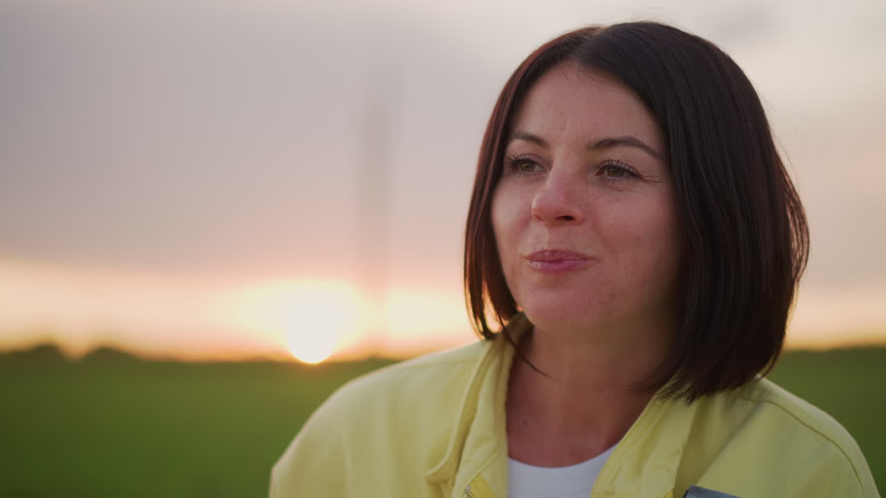 Mujer encantada con una fruta jugosa al atardecer. Una alegre mujer sostiene una sandía recién cortada durante las horas de la tarde. Una mujer con una sonrisa radiante disfruta de una sandía jugosa al atardecer en un entorno tranquilo.