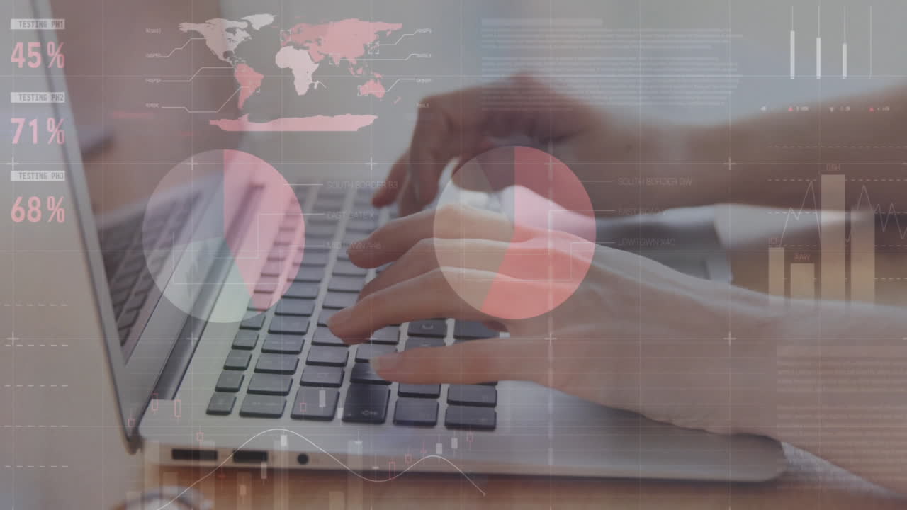 animación del procesamiento de datos financieros sobre la mujer caucásica utilizando computadora