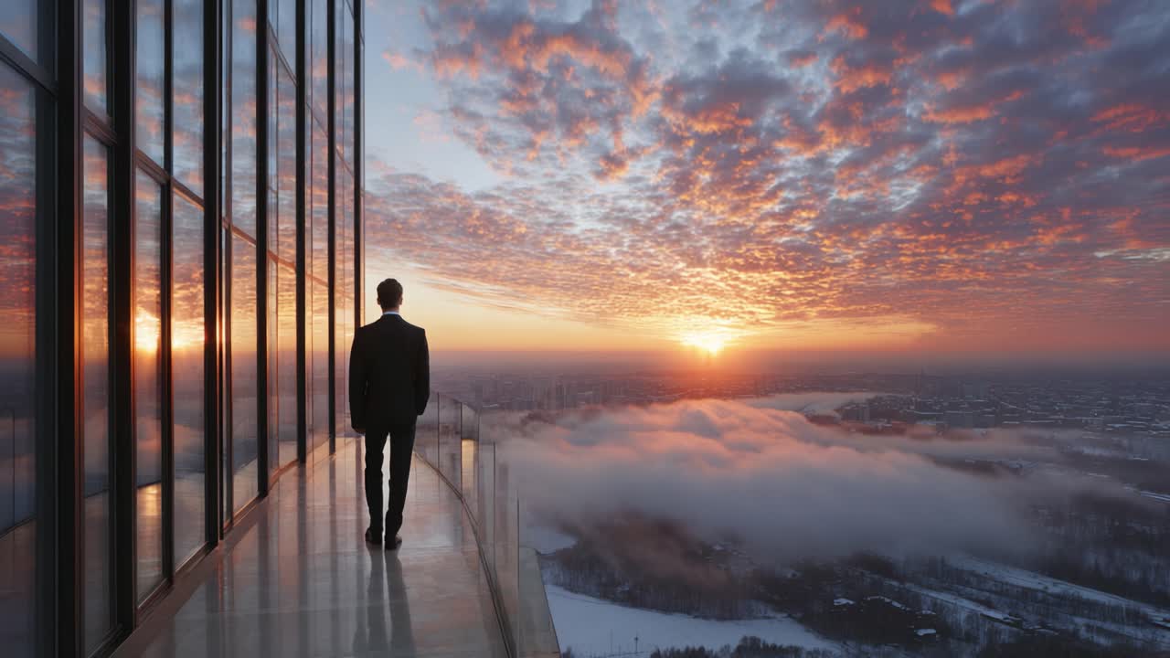 A Solitary Businessman Admiring an Expansive Sunset View from a Skyscraper's Edge, Reflecting on Life and Opportunities Amidst the Cloudy Horizon