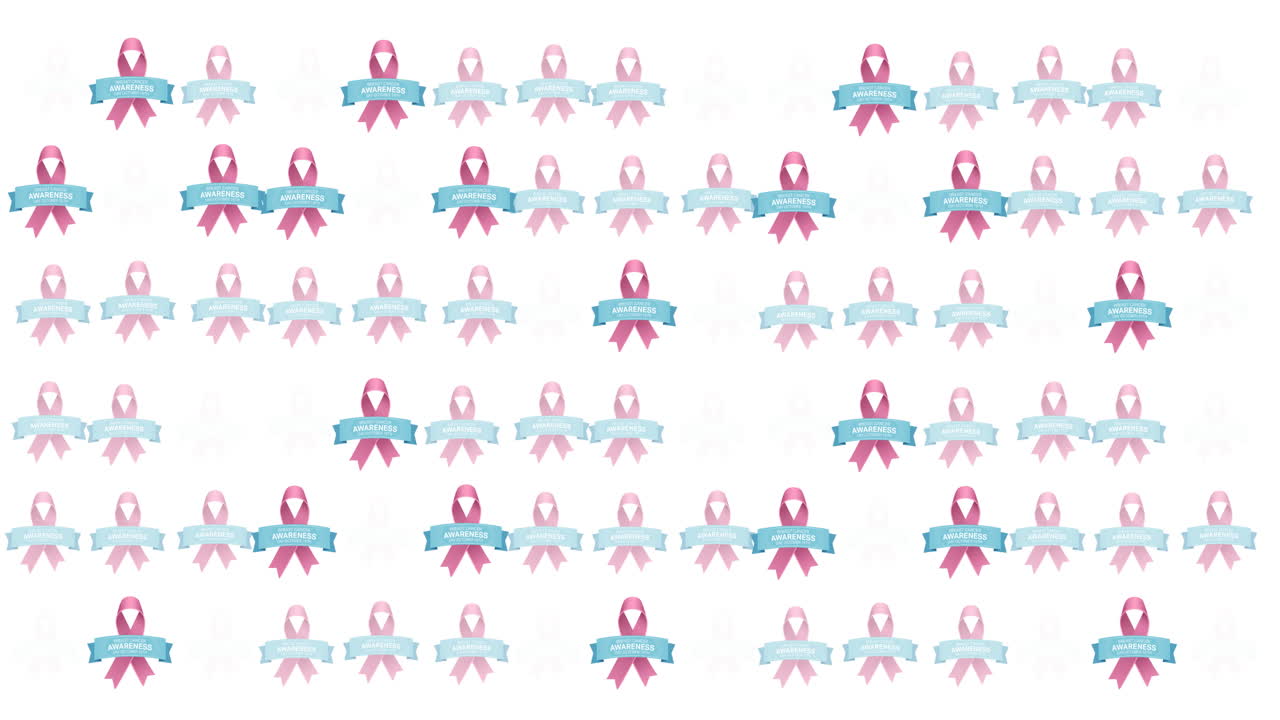 ⁇ 색 배경에 빛나는 여러 개의 분홍색 리본 로고와 유방암 텍스트의 애니메이션
