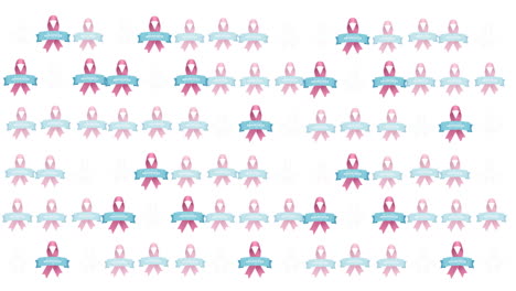 animación de múltiples logotipos de cinta rosa y texto de cáncer de mama que brilla sobre un fondo blanco