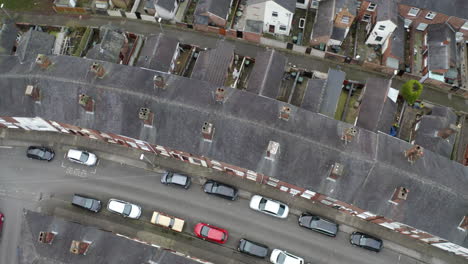 overhead aerial footage of terrace housing in one of stoke on trent's poorer areas, poverty and urban decline, council and social housing, west midlands