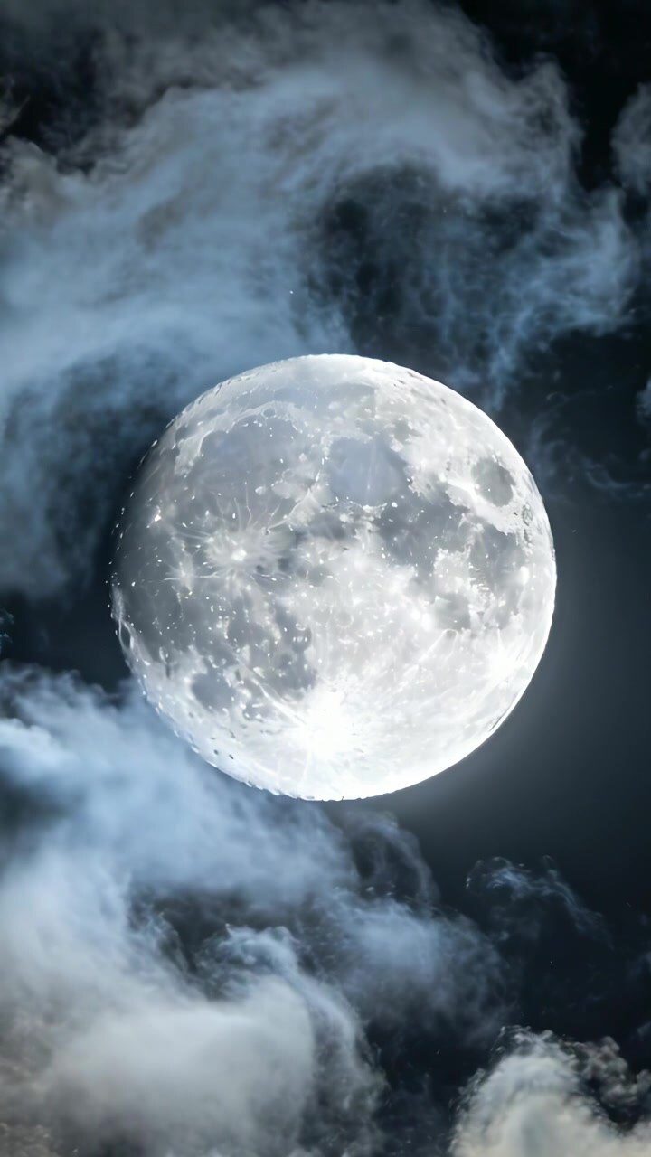 Vídeo vertical: Mostrando a lua cheia centralizada no céu noturno, com o vento movendo as nuvens e estrelas tênues.