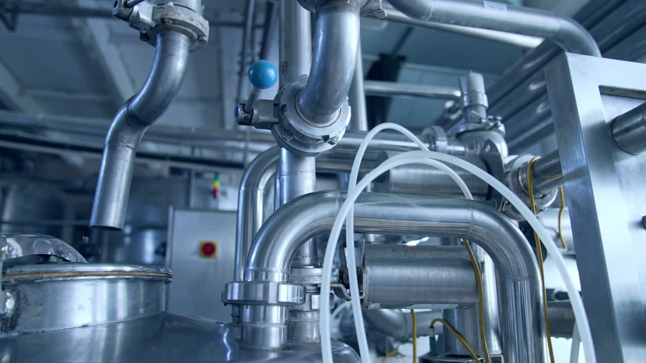 Steel huge diary factory technologies. Modern milk factory with stainless tubes.