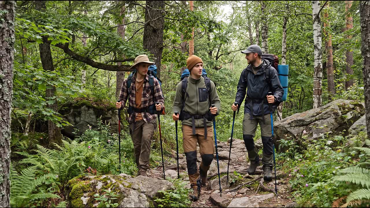 Tre uomini che fanno escursioni su un sentiero roccioso nel bosco con zaini.