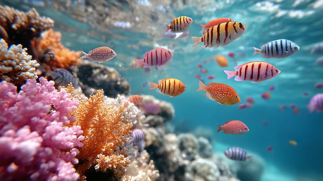 Vibrante escena submarina que muestra peces de colores nadando entre especies de coral en un ambiente oceánico claro con animada vida marina y diversa flora acuática.