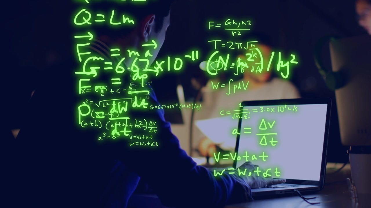 Man using trackpad, typing on laptop, spawning neon formulas multiplying across screen for research