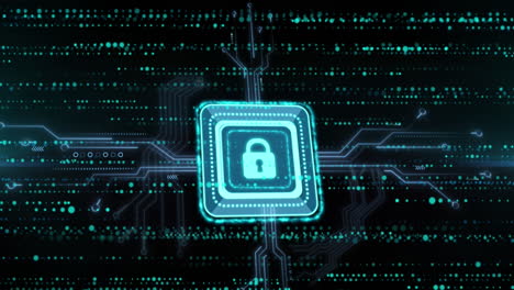 Animation of security padlock icon, microprocessor connections and glowing light trails