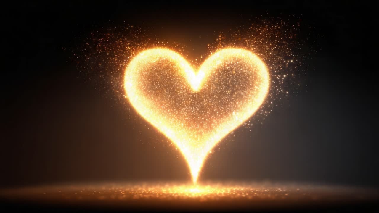 Enchanting Heart Shape Created with Sparkling Particles, Illuminating the Darkness with Radiant Orange and Gold Hues, Symbolizing Love and Emotion in a Captivating Display