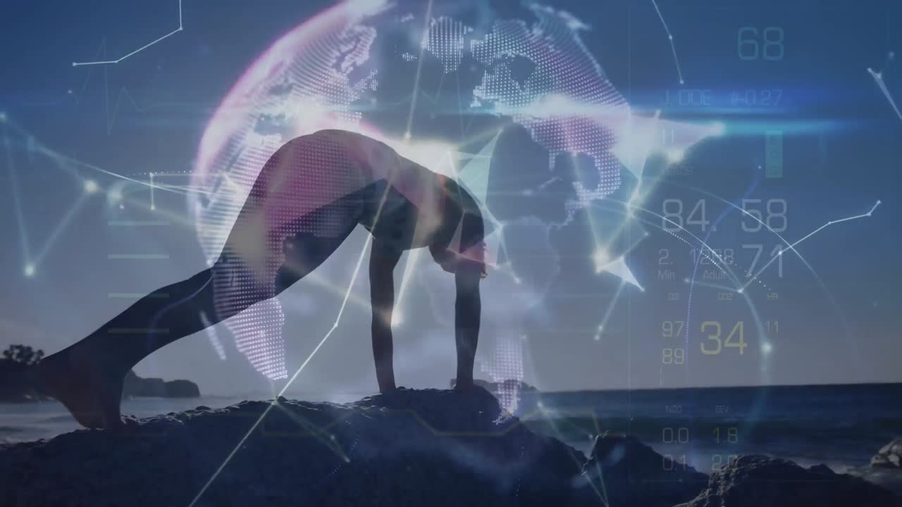 globo de redes de plexo y procesamiento de datos contra un hombre en forma realizando ejercicios de flexión