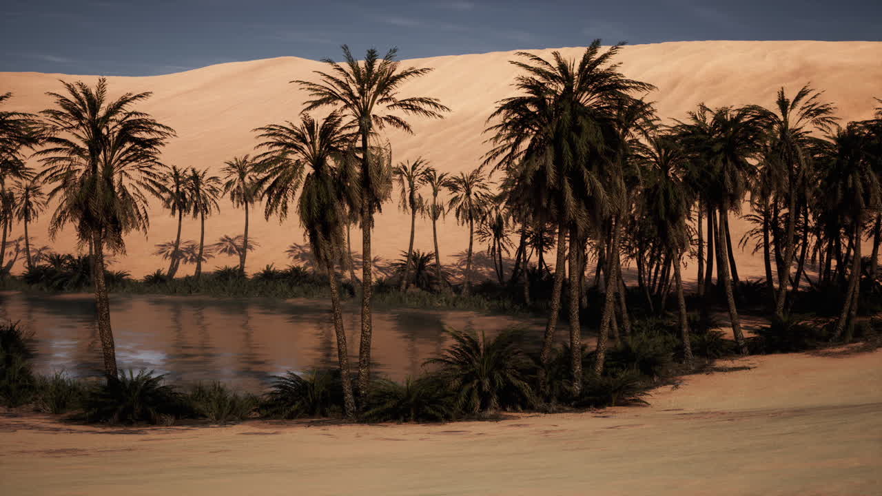 Lush oasis surrounded by golden sand dunes under a clear blue sky