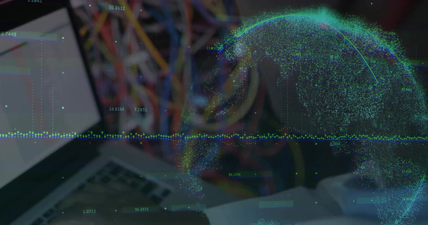 network technician typing on laptop starting waveform data forming globe over cables for network