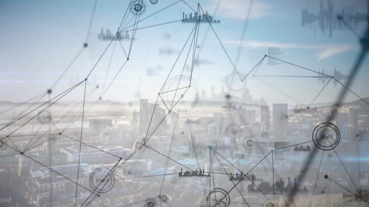 도시 풍경에 대한 연결 네트워크와 데이터 처리의 애니메이션