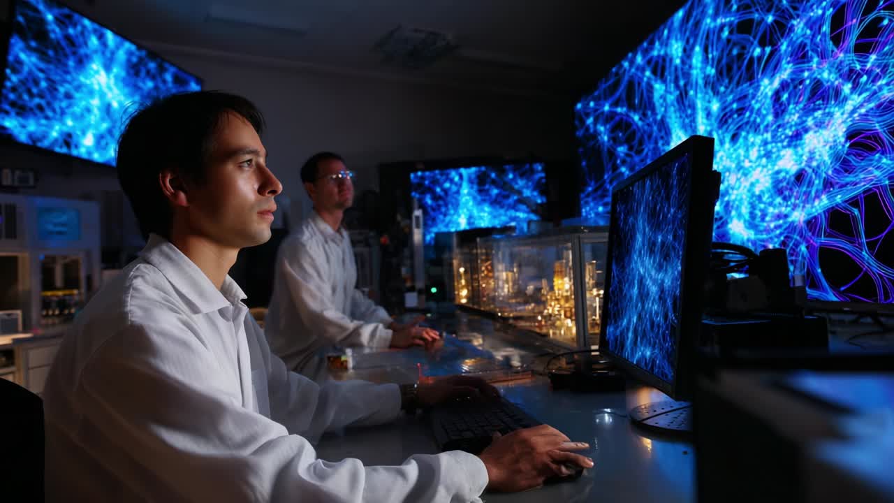 A team of researchers in a high-tech laboratory monitors vibrant blue digital visualizations on large screens, highlighting advanced data processing and analysis in a modern scientific environment