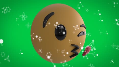 Digitale-Animation-Molekularer-Strukturen-über-Dem-Gesicht,-Die-Ein-Fliegendes-Kuss-Emoji-Auf-Grünem-Hintergrund-Bläst
