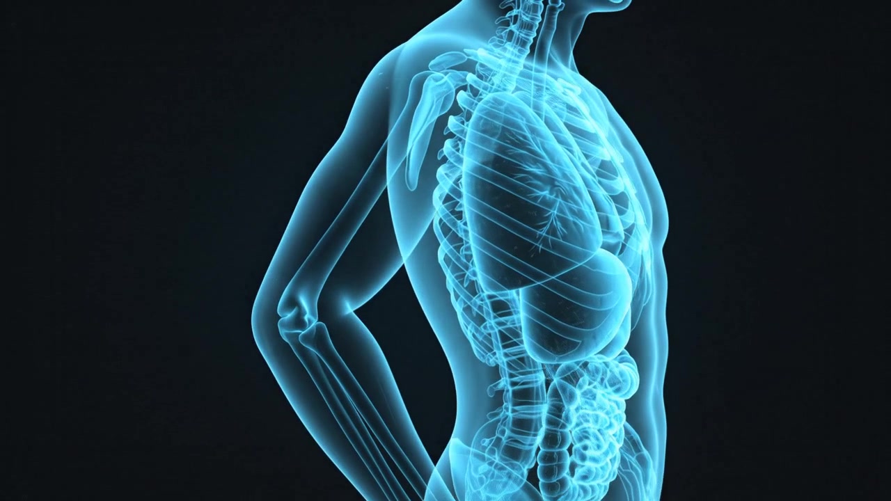 Wireframe di torso umano blu luminoso che mostra il sistema digestivo completo.