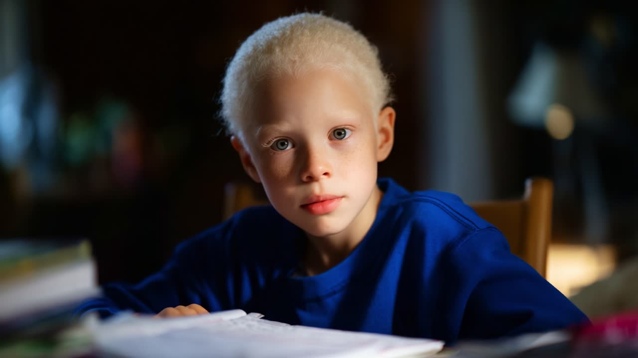 Un bambino riflessivo concentrato sui compiti in uno studio scarsamente illuminato, che evidenzia la bellezza della curiosità e dell'apprendimento in un ambiente tranquillo
