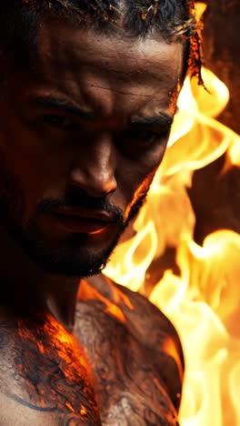 a man with tattoos on his arms stands in front of a fire. the fire is orange and yellow, and it seems to be engulfing the man. the man's body is muscular and well-defined