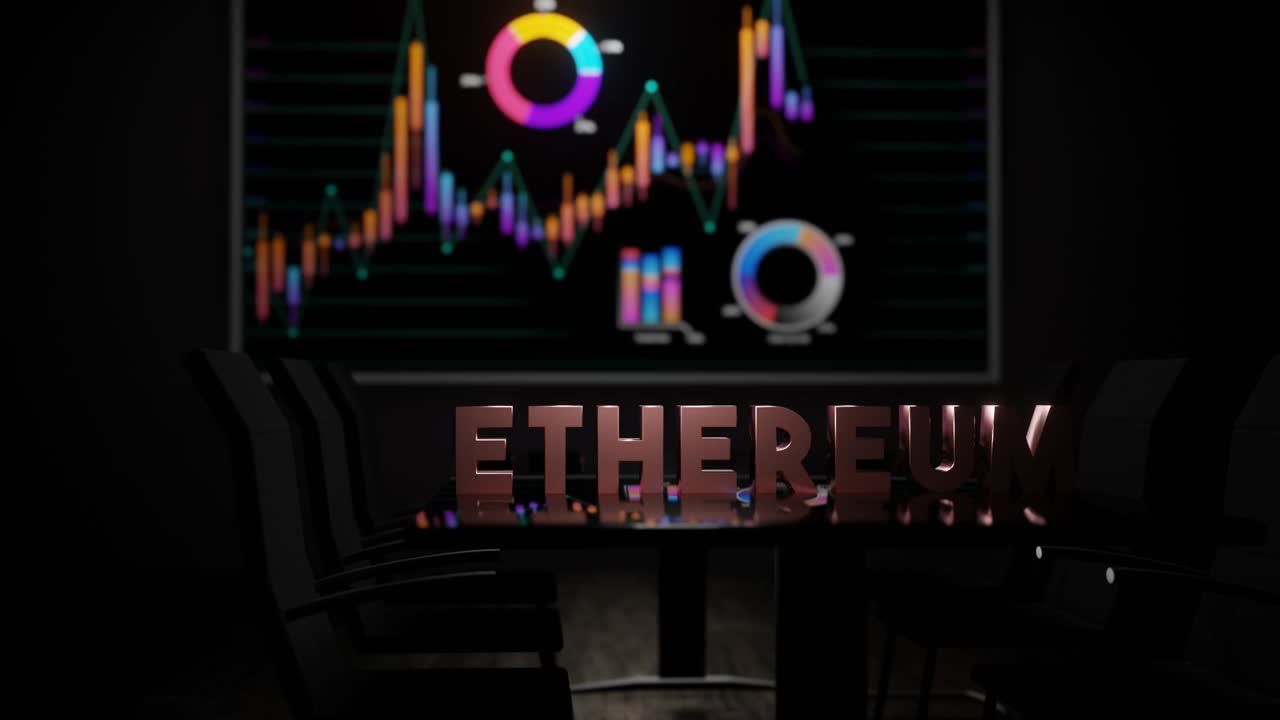 texto de ethereum en la mesa de juntas y gráficos bursátiles en la pantalla de televisión de pared