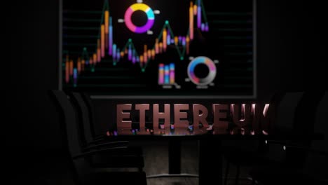 ethereum text on boardroom table and stock market charts on wall tv screen