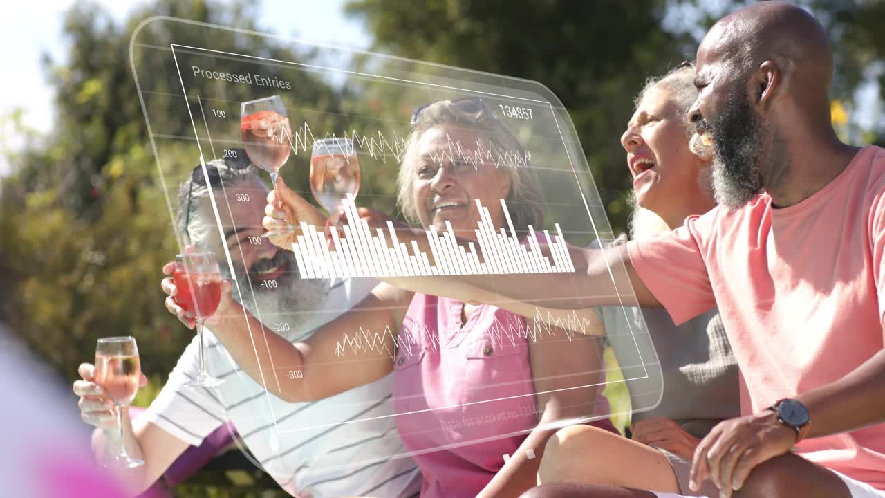 Four adults toasting outdoors initiating HUD fade-shift overlaying bar chart waveform for tech