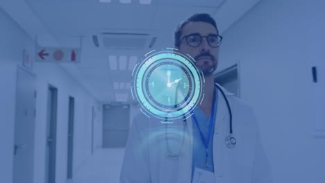 animación del reloj moviéndose rápido sobre el médico masculino