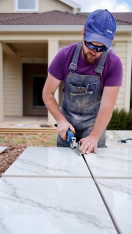 skilled worker cutting marble slabs for home renovation