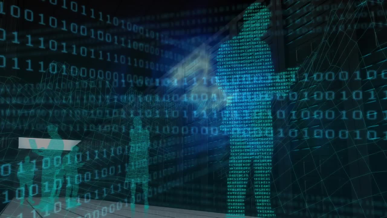 Animation of binary coding and digital people on black background