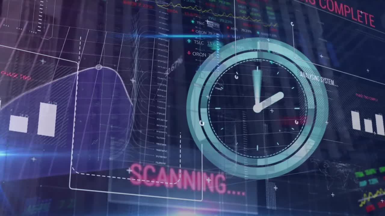 Animation of clock moving and data processing on black background