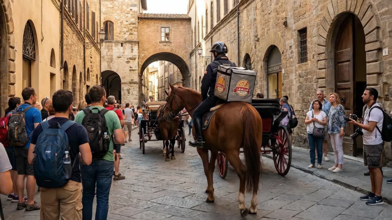 Scena di strada con consegna tramite cavallo e carrozza