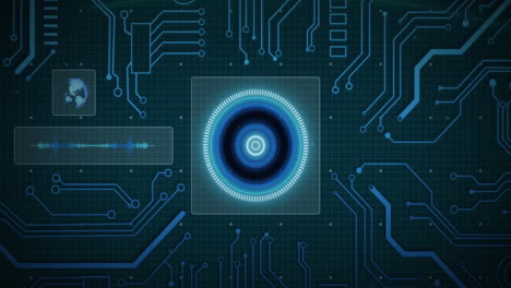 animation of scope and data processing over circuit board on screen