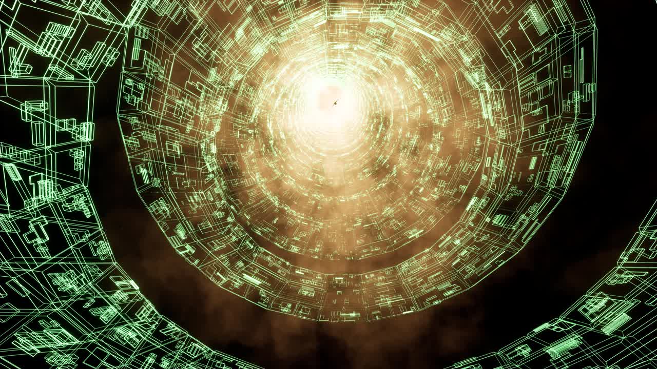 niña volando en un túnel digital animación 3d. mujer joven lanzada hacia arriba video portal futurista. tubo de luz de neón con rayos de sol en la parte superior. túnel de teletransportación de realidad cibernética de ciencia ficción