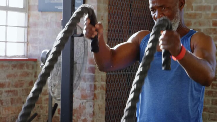 Senior man doing crossfit rope training in the fitness studio 4k