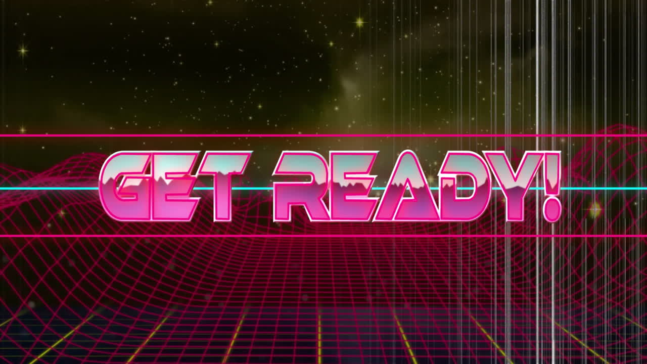 Get Ready! text animation over neon grid and starry background
