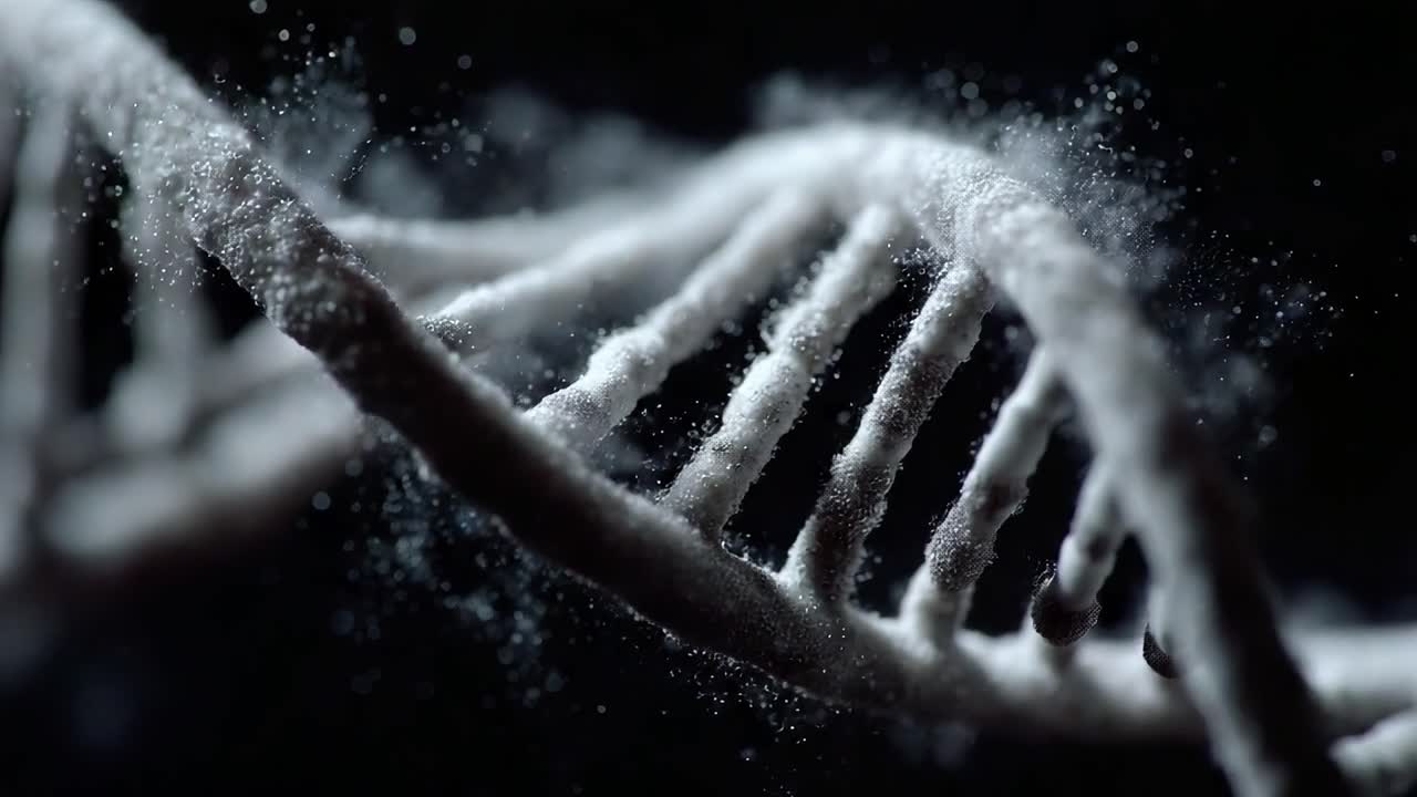 A Stunning Visual Representation of DNA Structure in Motion, Highlighting the Intricate Helix with Particulate Details Against a Dark Background