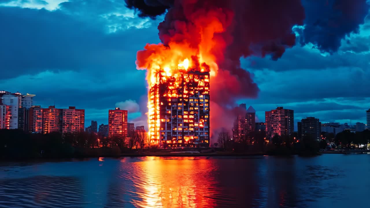 un gran incendio está ardiendo en el medio de una ciudad.