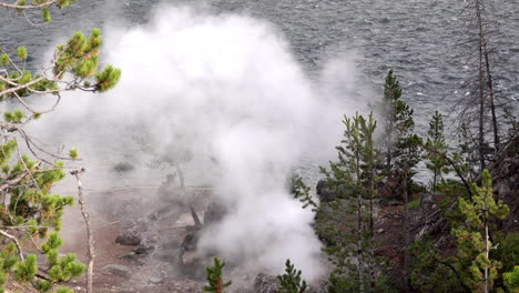 el vapor se eleva desde una característica geotérmica junto a un río en el parque nacional de yellowstone