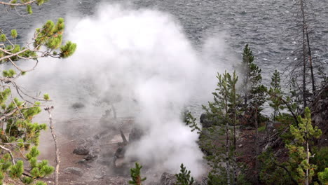 steam rises from a geothermal feature next to a river in yellowstone national park