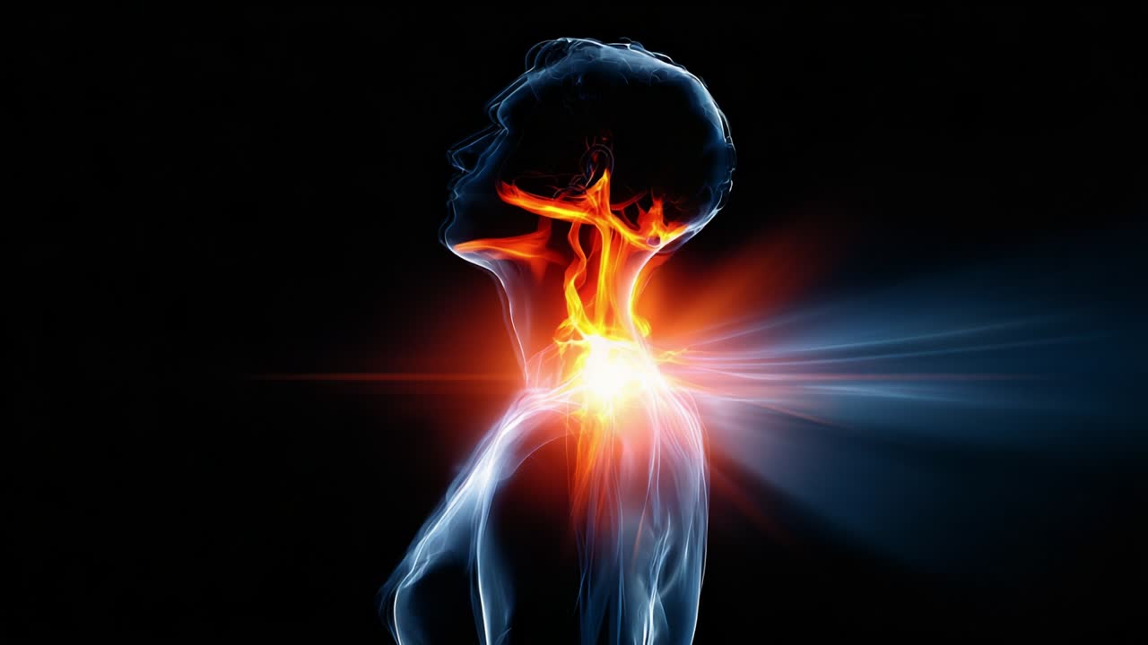 A Mesmerizing Journey Through Human Anatomy: Exploring the Dynamic Glow of Vital Energy Flowing Through the Neck and Shoulder Area, Representing Strength, Power, and Vitality in an Artistic Presentation