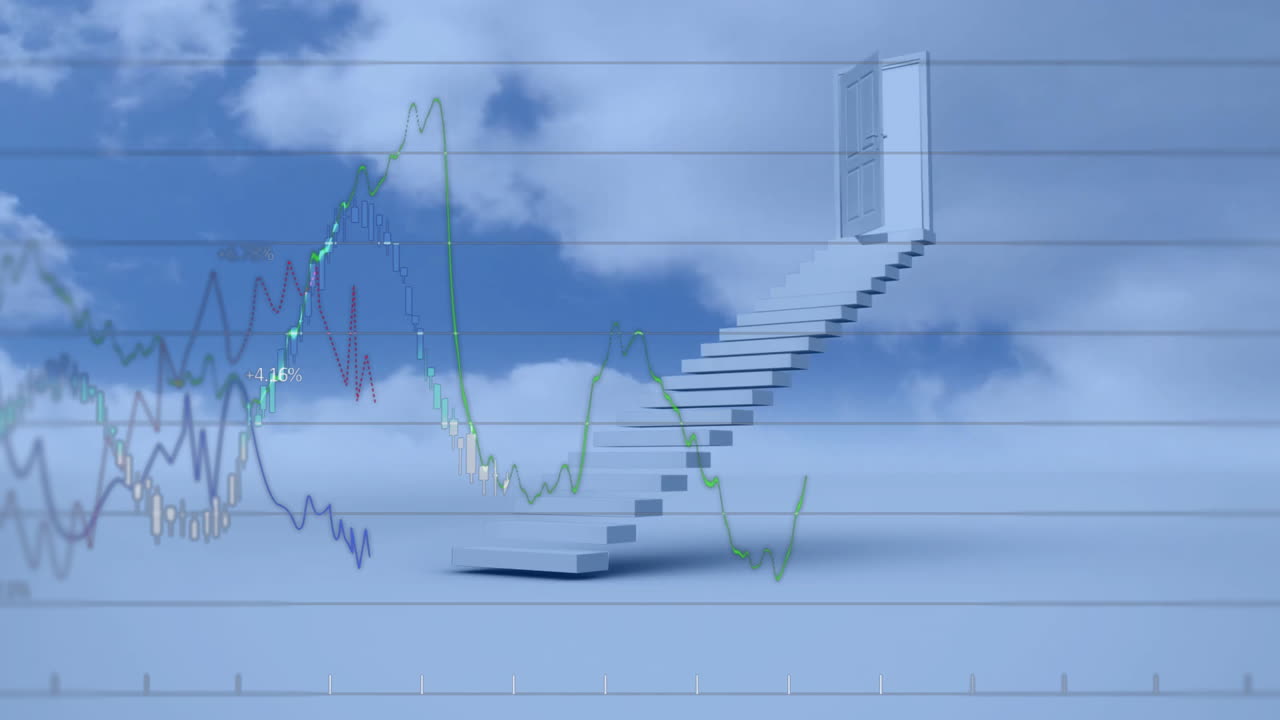 Animation of financial graphs overlaying staircase leading to open door in sky