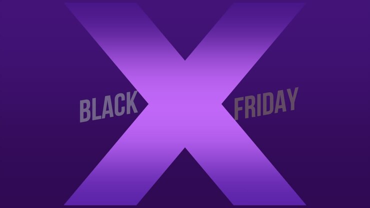 Testo Black Friday moderno con croce viola su gradiente
