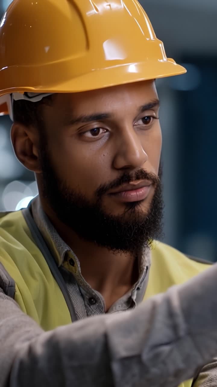 Determined builder wears hard hat and high-visibility vest. He grips tools, focused on task ahead. Professional demeanor shows experience and care. Use for construction, safety