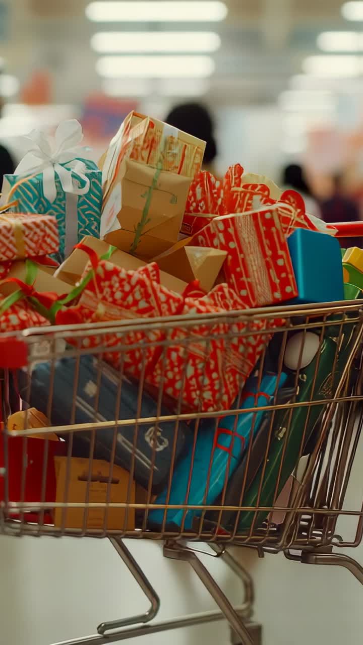 Vertical video: Gripping cart handle shopper pushing gifts with ribbons down retail aisle