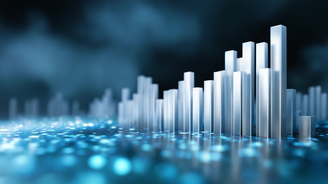 Dynamisk visualisering som viser en serie vertikale søyler som representerer datamålinger mot en stemningsfull, opplyst bakgrunn, som fremhever analyser og innsikt.